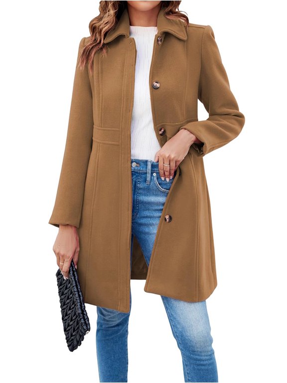 Women'S Elegant Single Breasted Coat Long Sleeve Mid Winter Overcoat Work Office Pea Coats Brown M