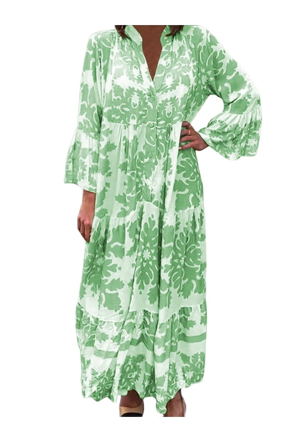 Women'S Elegant Stand Collar Trumpet Sleeve Printed Fashion Layered Three-Quarter Sleeve Maxi Dress Green XXL