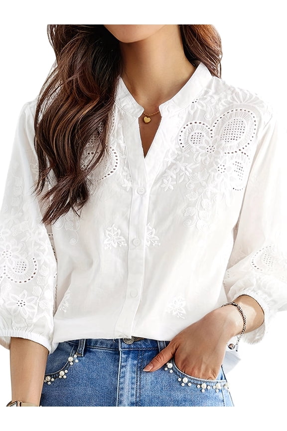 Women'S Embroidered 3/4 Sleeve V-Neck Blouse Elegant Solid Color Button Down Casual Top White XXL