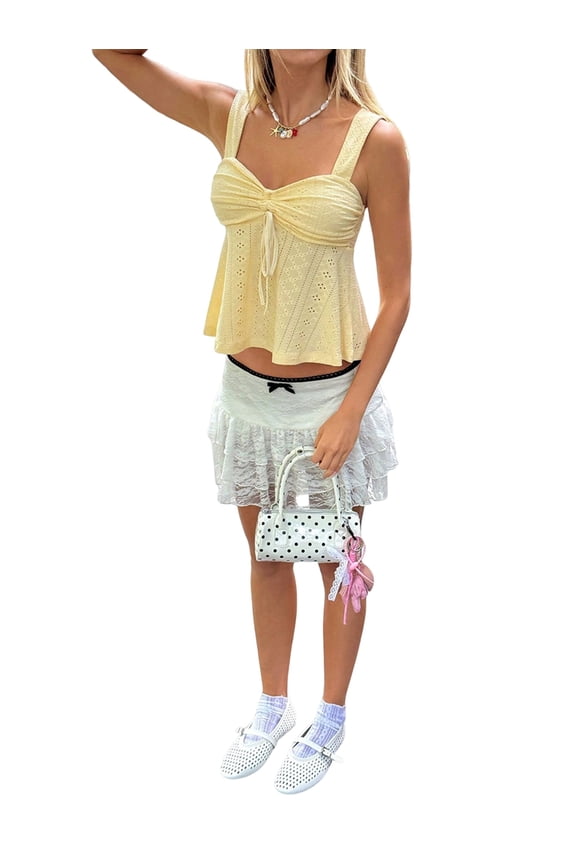 Women'S Eyelet Front Lace-Up Pleated Vest Y2K Drawstring Camisole Top Yellow XL