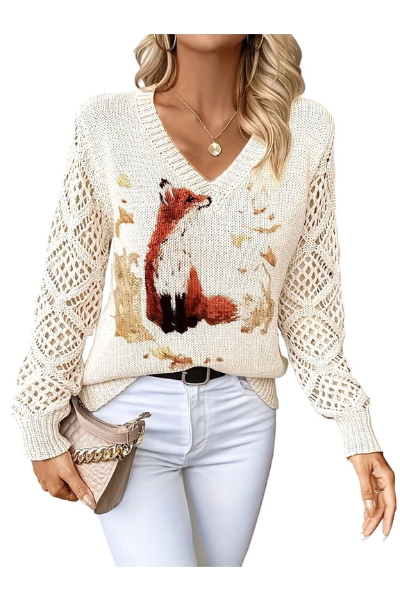 Women'S Fall Sweaters Cute Floral Animal Print Knit V Neck Pullover Sweater Aesthetic Crochet Tops VT7 L