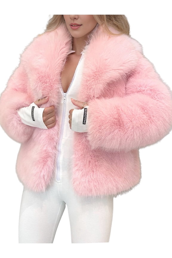 Women'S Faux Fur Coat Faux Fur Jacket Long Sleeve Lapel Winter Jackets Parka Short Coat Pink XS