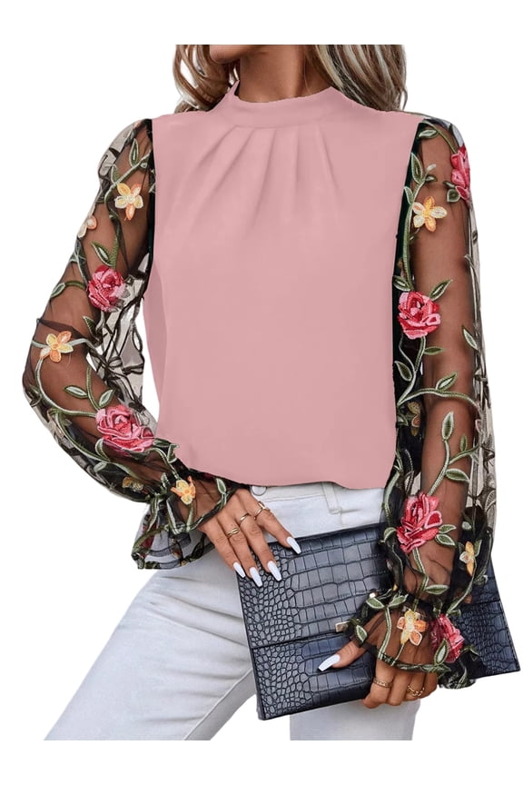 Women'S Floral Embroidery Mesh Mock Neck Flare Long Sleeve Blouse Top Pink S