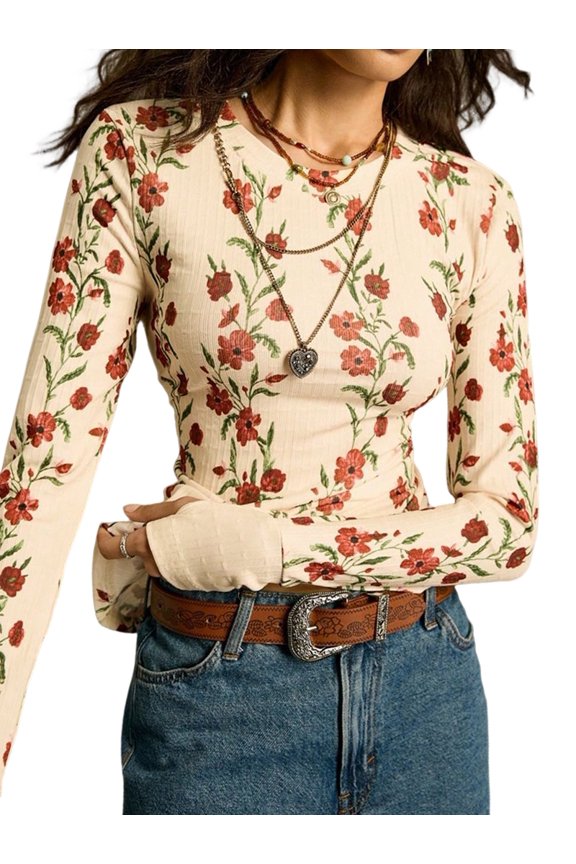 Women'S Floral Knitted Long Sleeve Crew Neck Going Out Slim Fit Tops Fall Outfits Trendy Clothes Apricot Color L