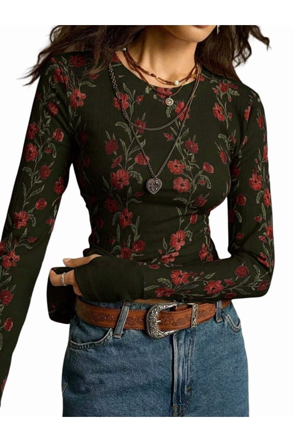 Women'S Floral Knitted Long Sleeve Crew Neck Going Out Slim Fit Tops Fall Outfits Trendy Clothes Green M