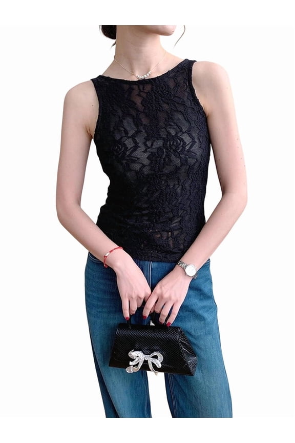 Women'S Floral Lace Scallop Spaghetti Strap Sleeveless Sheer Tank Top Blouse Black Vest M