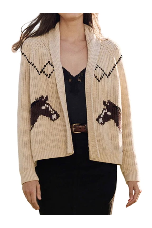 Women'S Horse Cardigan Sweater Knit Y2K Animal Print Sweater Coat Vintage Clothes Fall Chunky Knitwear Beige XL