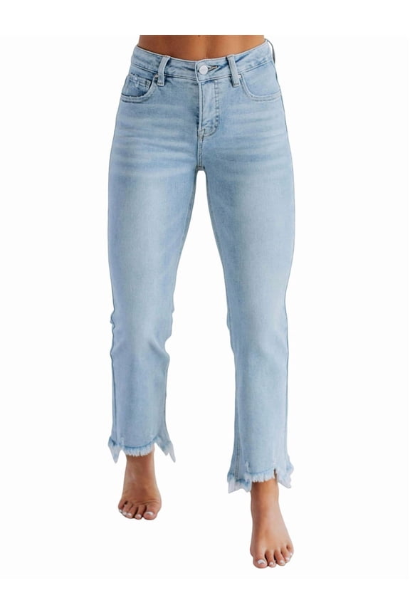 Women'S Jeans High Waisted Pants Summer Fashion Straight Leg Raw Hem Denim Pants Light Blue M