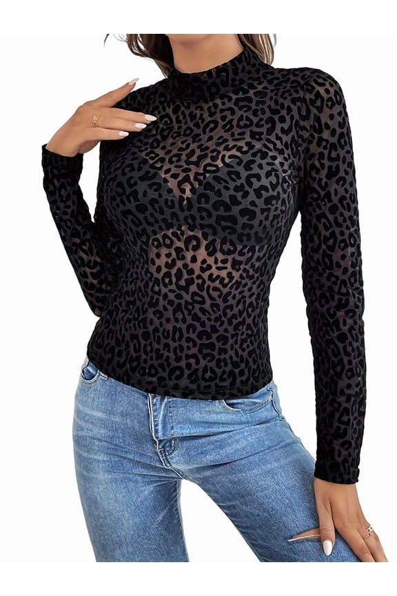 Women'S Leopard Print Top Long Sleeve Fitted Tee Going Out Cheetah Top Shirt Black M