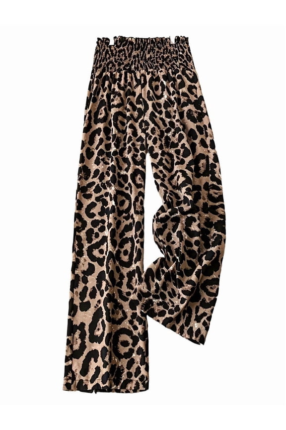 Women'S Leopard Print Wide Leg Pants Elastic Waist Casual Loose Fit Trousers Fashion Lounge M