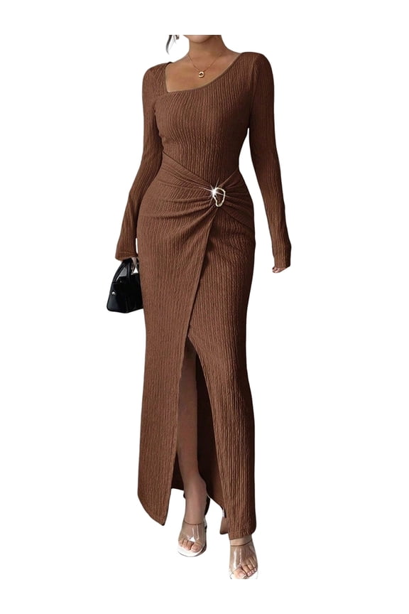 Women'S Long Sleeve Bodycon Dress Asymmetrical Neck Cocktail Party Slit Maxi Dresses Brown XL