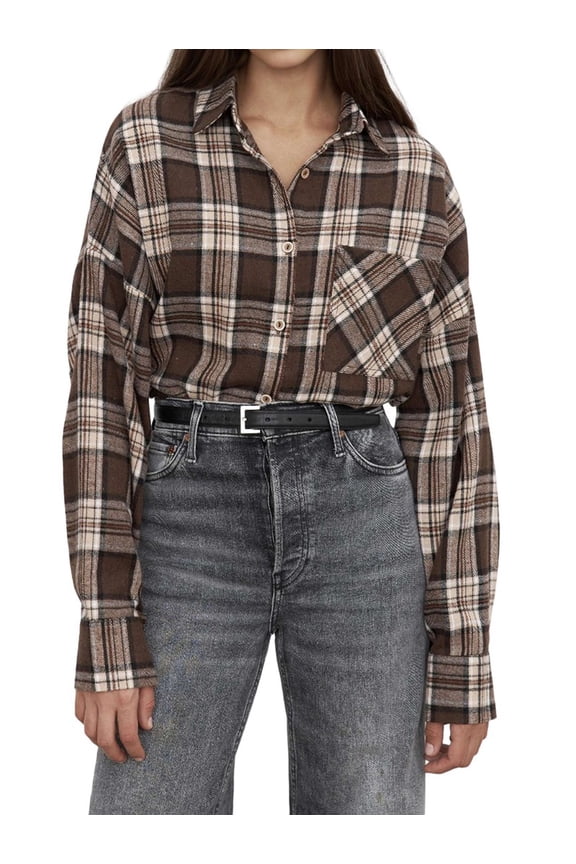 Women'S Long Sleeve Button Down Shirt Casual Plaid Flannel Shirt Collared Blouse Tops Brown L