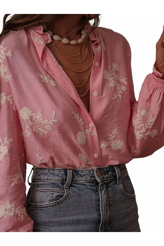 Women'S Long Sleeve Embroidered Chiffon Blouse Stylish Floral Pattern Casual Elegant Top Pink XL