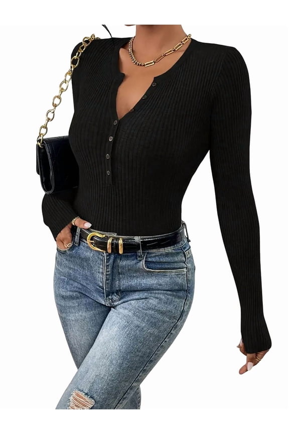 Women'S Long Sleeve Henley Tops Ribbed Knit Slim Fitted Trendy T Shirt Basic Tees Layer Fashion Outfits Black M