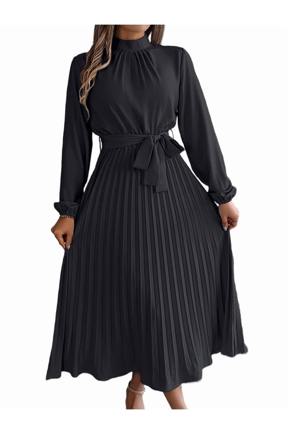 Women'S Long Sleeve Pleated Dress Casual Semi Formal Church Dress Mock Neck A Line Flowy Midi Dresses with Belt Black L