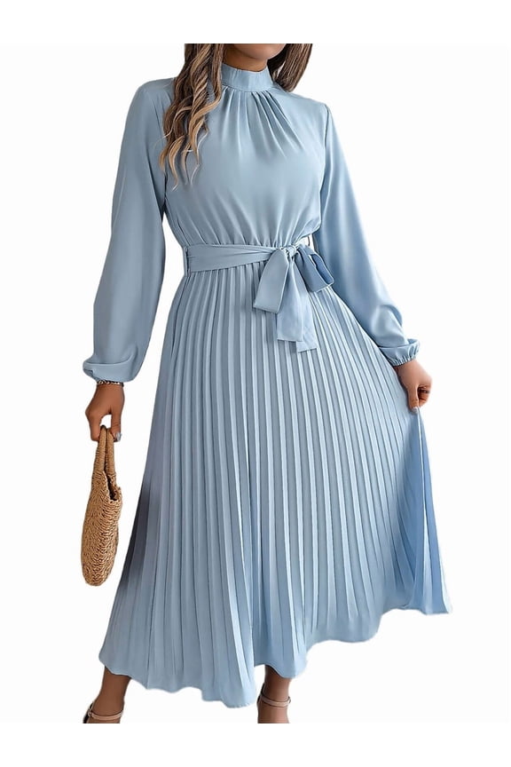 Women'S Long Sleeve Pleated Dress Casual Semi Formal Mock Neck A Line Flowy Midi Dresses with Belt Light Blue XL