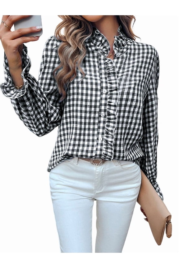 Women'S Plaid Ruffle V Neck Button Down Blouse Casual Long Sleeve Gingham Trendy Shirt Tops Black XXL