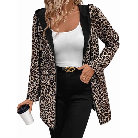 Katigan Women'S Reversible Hooded Casual Coat Full Zip Up Windbreaker Two - Sided Jacket Leopard Print L