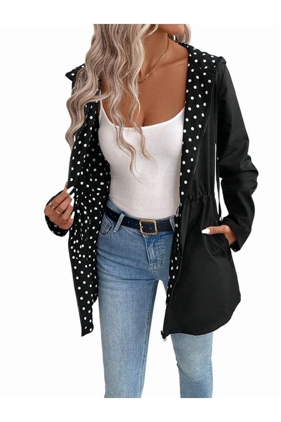 Women'S Reversible Hooded Casual Coat Full Zip Up Windbreaker Two - Sided Jacket Polka Dot S