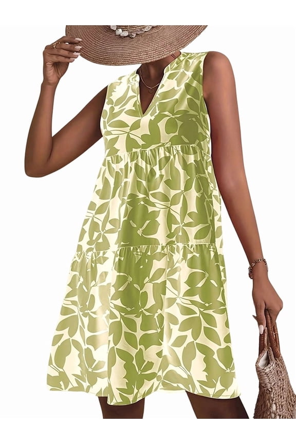 Women'S Ruffle Beach Mini Dress Split V Neck A Line Sleeveless Geometric Pattern Summer Dresses Army Green L