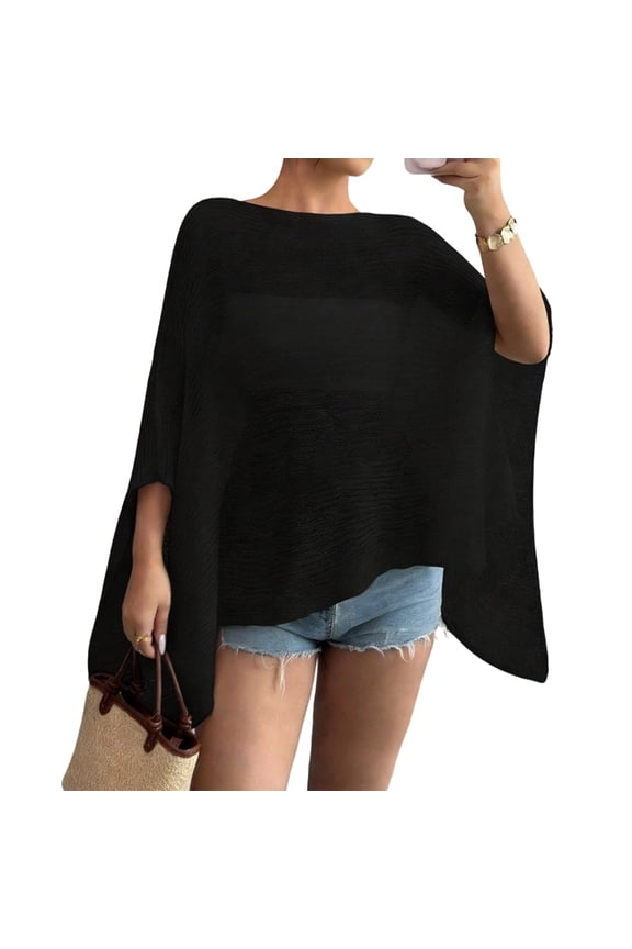Women'S See Through Knit Poncho Shawl Sleeve Split Asymmetrical Shrug Cover Up Black S