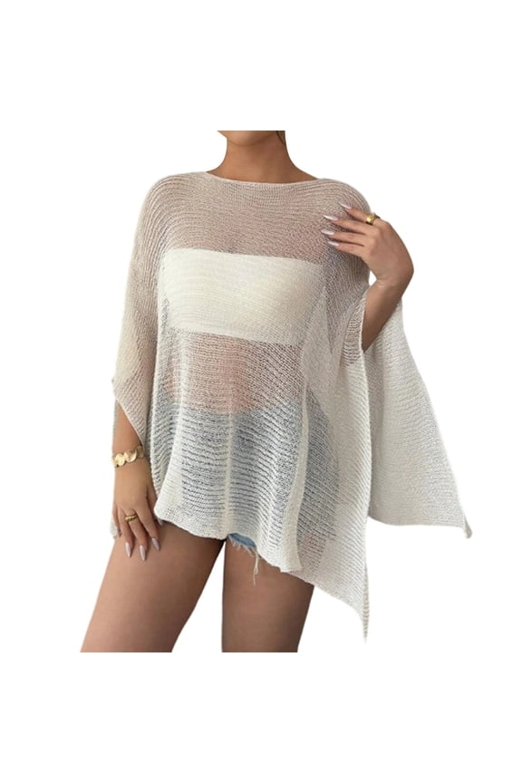 Women'S See Through Knit Poncho Shawl Sleeve Split Asymmetrical Shrug Cover Up White L