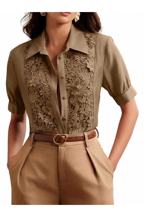 Women'S Short Sleeve Button Down Lapel Collared Blouses Lace Patchwork Top Brown L