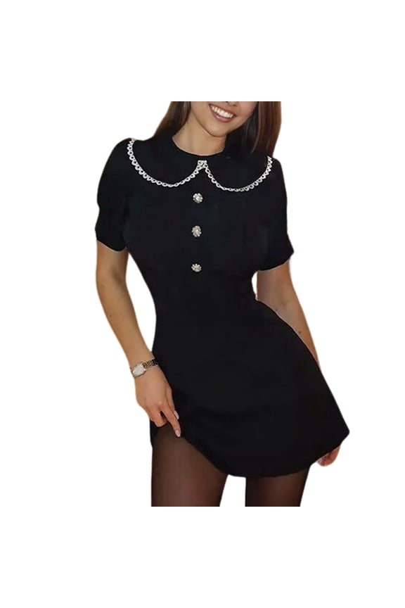 Women'S Short Sleeve Collar Cute Dress Fit and Flare A-Line Casual Dresses Black S