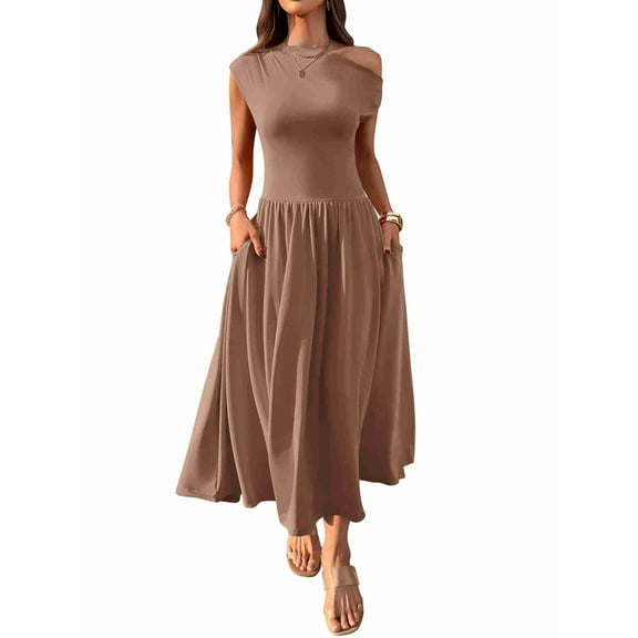 Women'S Summer 2025 Sleeveless Maxi Dress One Shoulder Casual Slim Swing Pleated Formal Dresses with Pockets Coffee Color XL