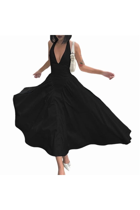 Women'S Summer Halter Dress Low Cut Sleeveless A Line Tulle Swing Corset Prom Formal Ball Gowns Black XL