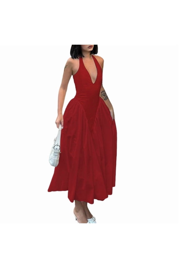 Women'S Summer Halter Dress Low Cut Sleeveless A Line Tulle Swing Corset Prom Formal Ball Gowns Red XL