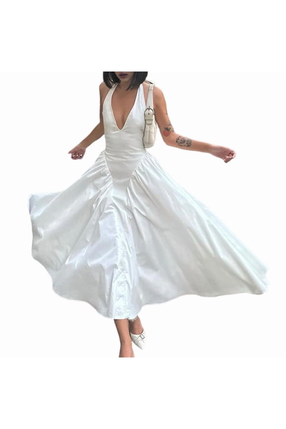 Women'S Summer Halter Dress Low Cut Sleeveless A Line Tulle Swing Corset Prom Formal Ball Gowns White XL