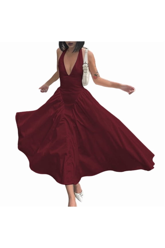 Women'S Summer Halter Dress Low Cut Sleeveless A Line Tulle Swing Corset Prom Formal Ball Gowns Wine Red L