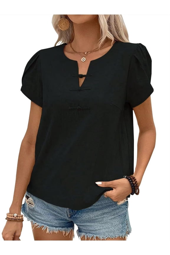 Women'S Summer Tops Petal Short Sleeve V Neck Blouses Dressy Casual Fitted Cute Solid Shirts Black M