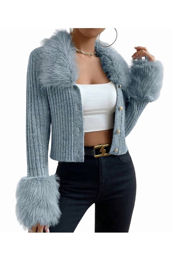 Women'S Sweaters Faux Fur Button Down Long Sleeve Fuzzy Rib Knit Cardigan Sweater Peacock Blue S