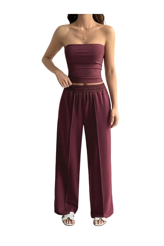 Women'S Vacation Style Tube Top Casual Pants Set Summer Outfit Two Piece Rose Red L