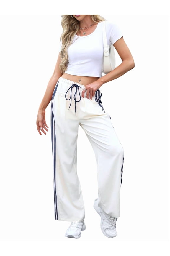 Women'S Wide Leg Pants Drawstring High Rise Side Striped Slouchy Palazzo Pants with Pockets Beige Blue Edge S