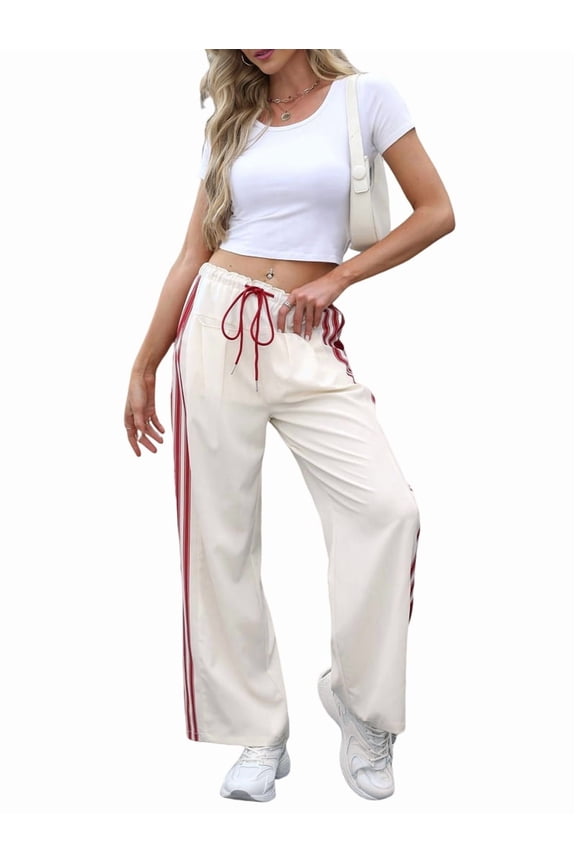 Women'S Wide Leg Pants Drawstring High Rise Side Striped Slouchy Palazzo Pants with Pockets Beige Red Edge XXL