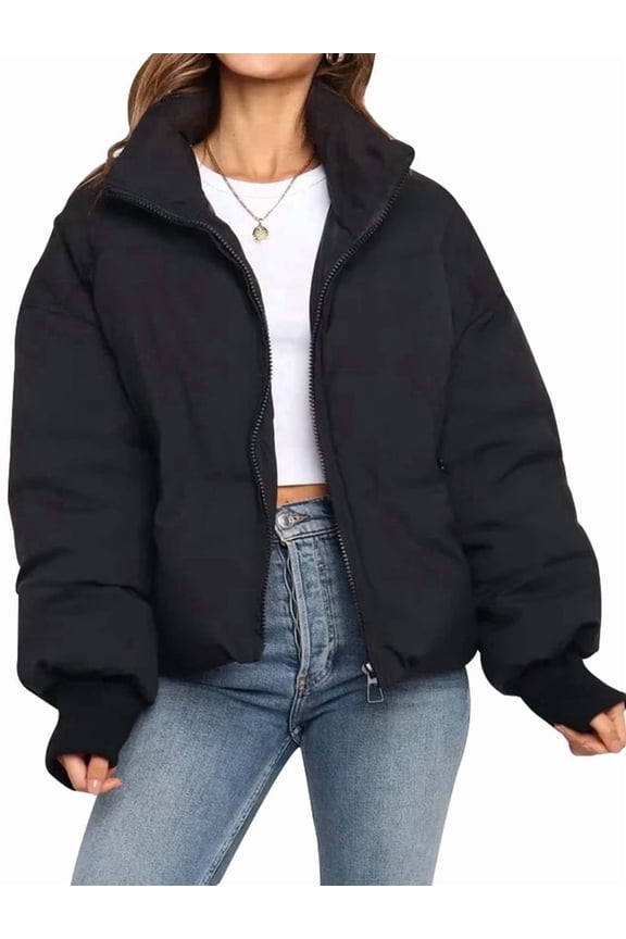 Women'S Winter Cropped Puffer Jacket Coat Short Warm Quilted Jacket Black L