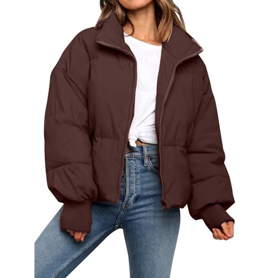 Katigan Women'S Winter Cropped Puffer Jacket Coat Short Warm Quilted Jacket Coffee M