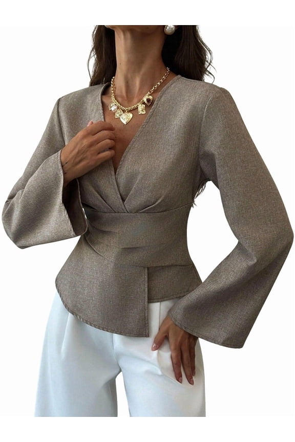 Women'S Wrap V Neck Work Blouses Dressy Casual Asymmetrical Pleated Business Tops Brown S