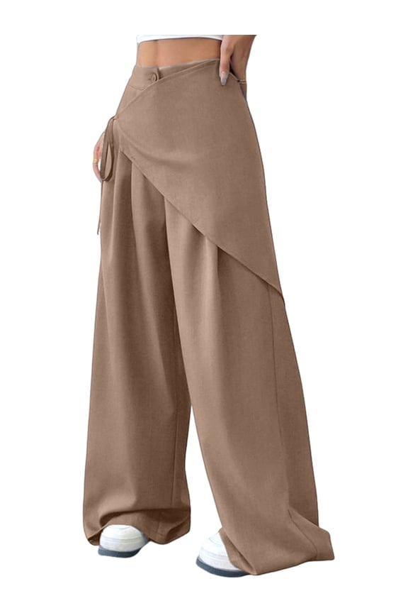 Women Wide Leg Baggy Flowy High Waisted Pants Loose Fit Casual Cozy Cute Y2k Trousers Khaki XL