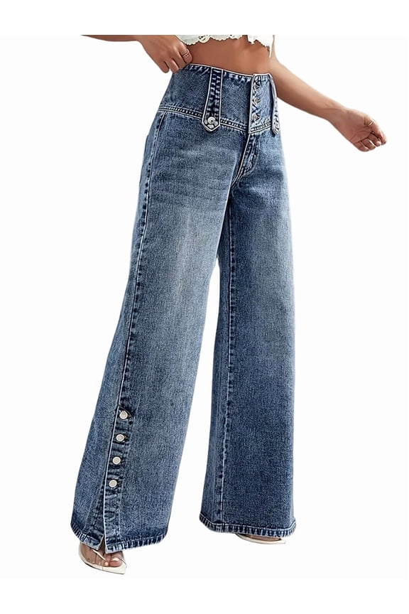 Women Wide Leg Jeans High Waisted Wide Leg Stretchy Trendy Button Denim Pants Blue S