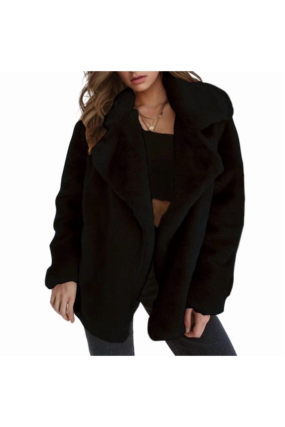 Women Winter Coats Lapel Faux Fur Jackets Open Front Mid-Long Cardigan Coat Casual Warm Winter Outwear Jackets Black XXL