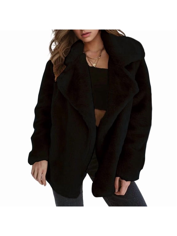 Women Winter Coats Lapel Faux Fur Jackets Open Front Mid-Long Cardigan Coat Casual Warm Winter Outwear Jackets Black XXL
