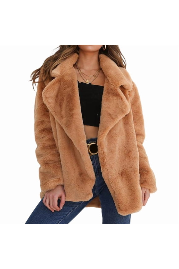 Women Winter Coats Lapel Faux Fur Jackets Open Front Mid-Long Cardigan Coat Casual Warm Winter Outwear Jackets Brown S