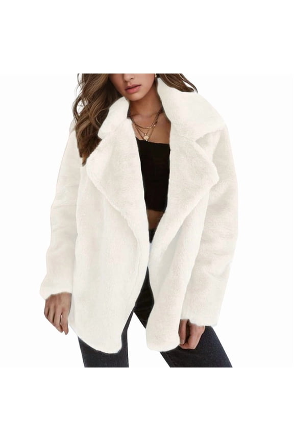 Women Winter Coats Lapel Faux Fur Jackets Open Front Mid-Long Cardigan Coat Casual Warm Winter Outwear Jackets White M