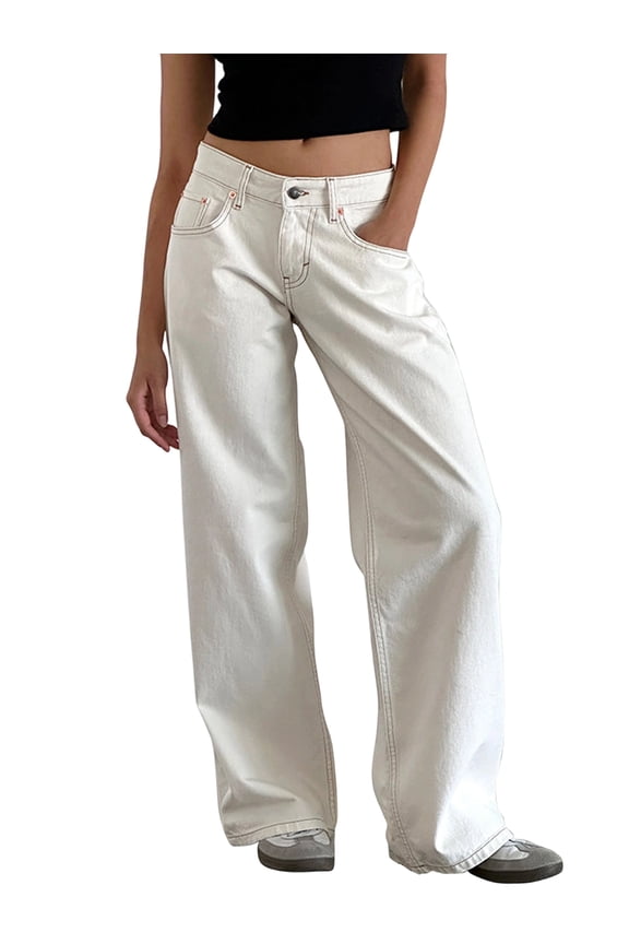 Women Y2k Low Rise Baggy Jeans Loose Fit Boyfriend Straight Wide Leg Jeans Trendy Stretch Long Denim Pants White S