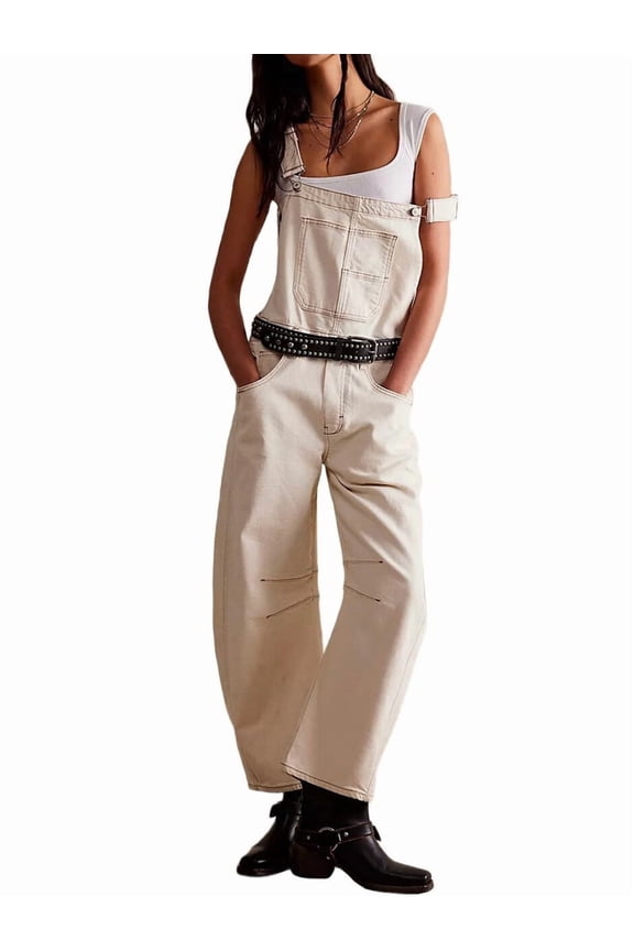 Womens Denim Overalls Loose Fit Leg Adjustable Strap Hip Hop Jean Jumpsuits Cream White S