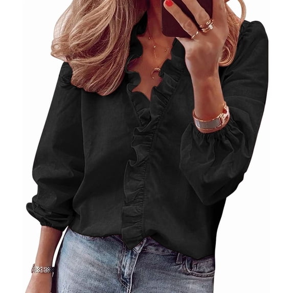 Katigan Womens Dressy Casual Blouse Business Long Sleeve Tops Ruffle V Neck Work Shirt Fall Outfit Long Sleeve - Black L